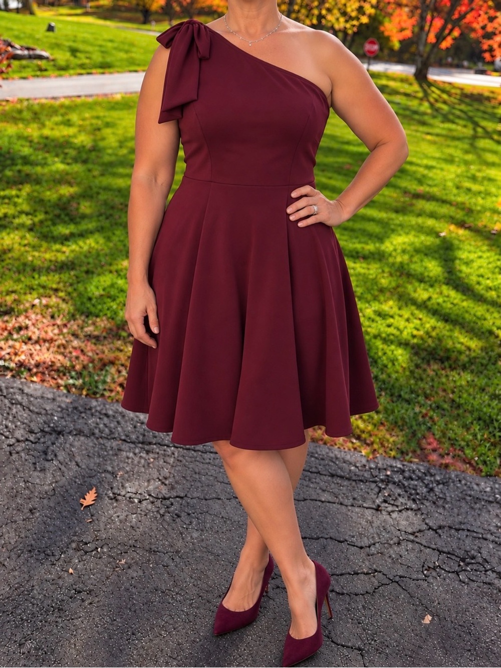 One-Shoulder Wine A-Line Dress with Draped Shoulder